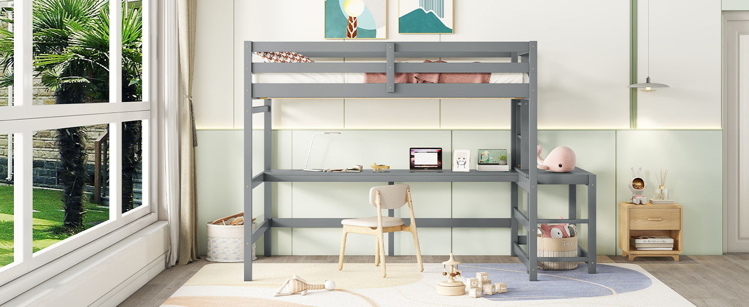 Full Loft Bed With Built-In Desk, Ladder Platform, Ladders, Guardrails - Gray