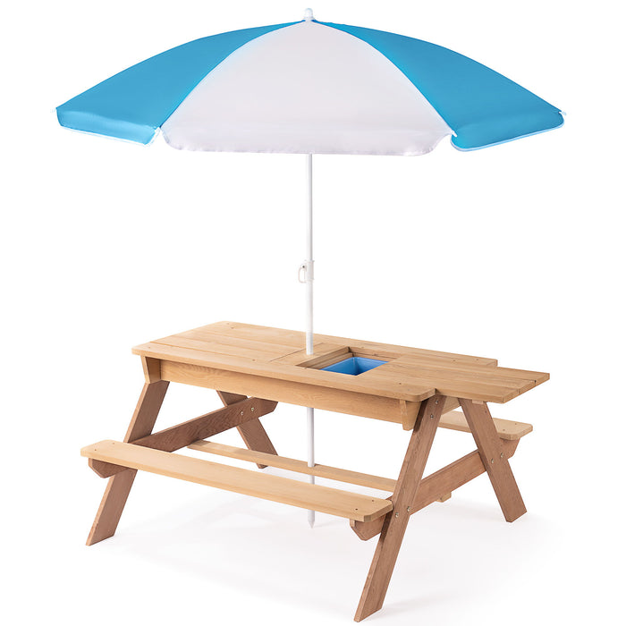 3-In-1 Kids Outdoor Wooden Picnic Table With Umbrella, Convertible Sand & Water, ASTM & CPSIA Certification