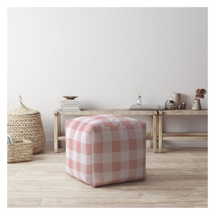 Cotton Gingham Pouf Cover - Pink / White