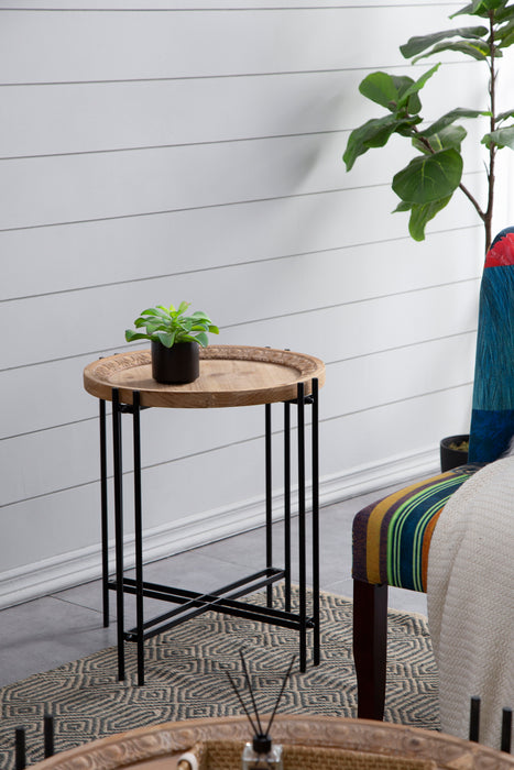 Round Side Table With Wood Top, End Table For Living Room Bedroom - Black Brown