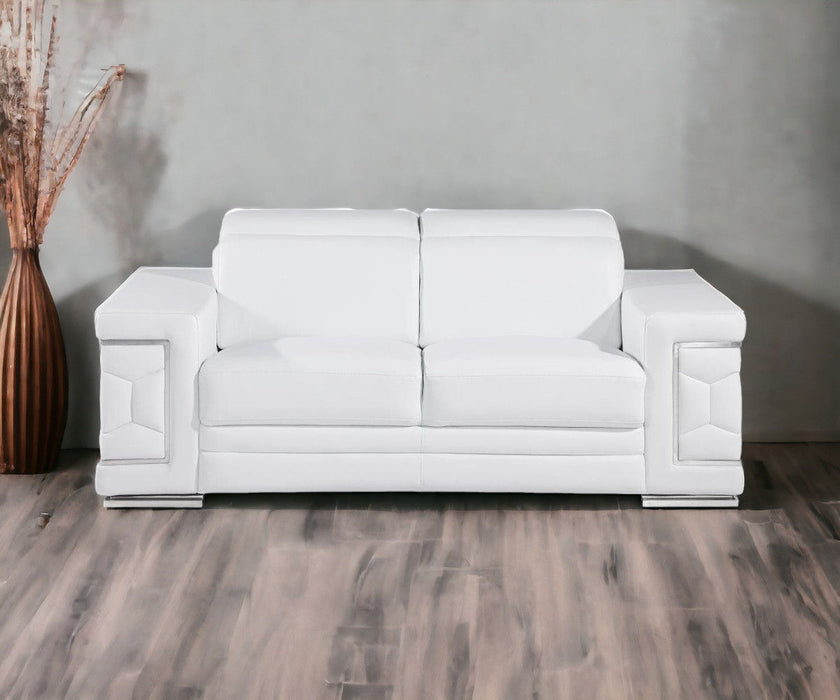 Genuine Leather Love Seat - White / Silver