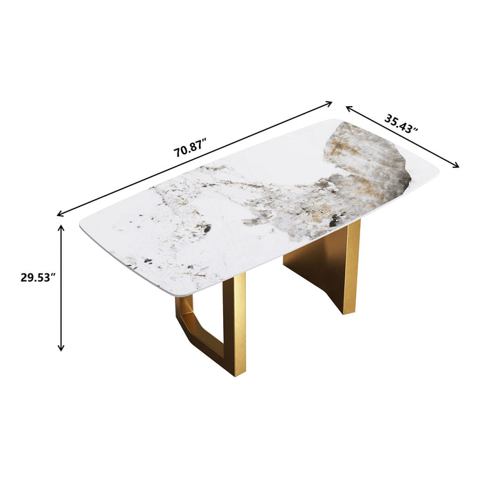 70.87" Artificial Stone Pandora White Curved Golden Metal Leg Dining Table, Can Accommodate 6-8 People - Antique White / Gold