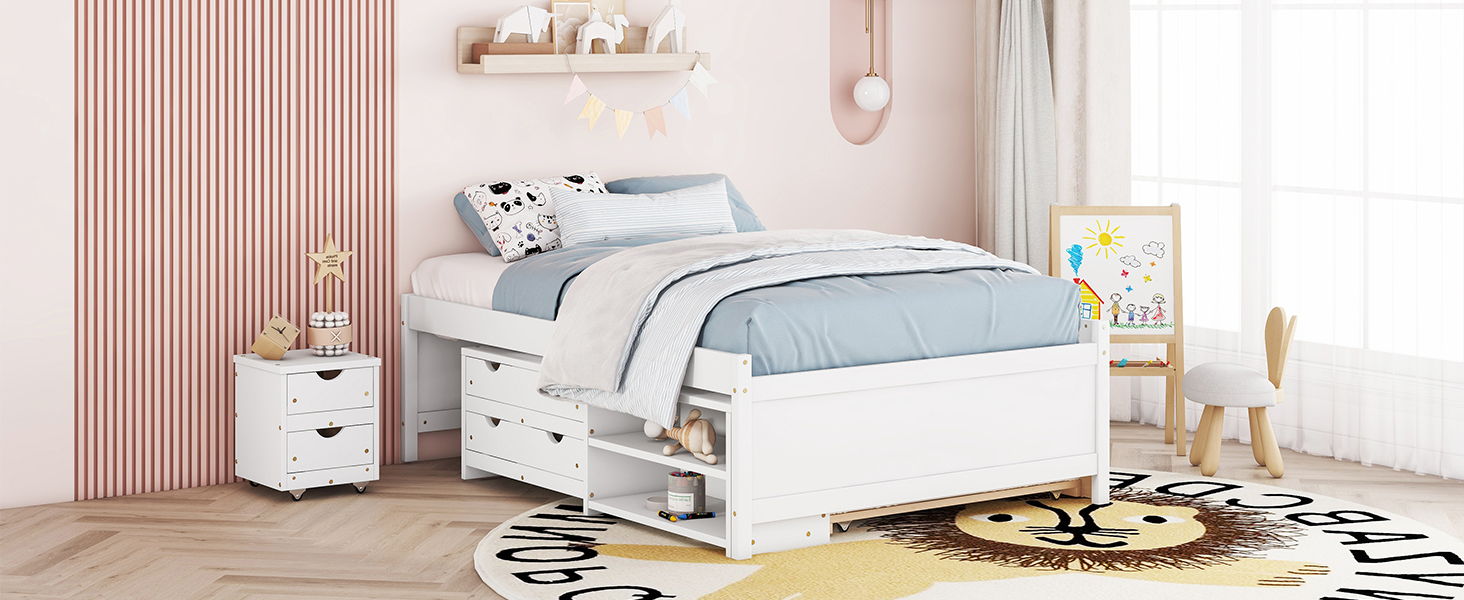 Versatile Full Bed With Trundle, Under Bed Storage Box And Nightstand - White