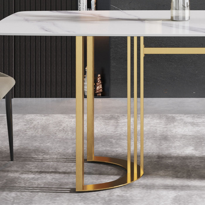 63" Modern Artificial Stone White Curved Metal Leg Dining Table - White / Gold