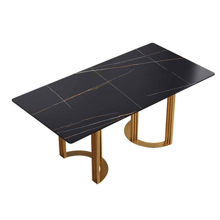 70.87" Modern Artificial Stone Straight Edge Metal Leg Dining Table, Can Accommodate 6-8 People - Black / Gold