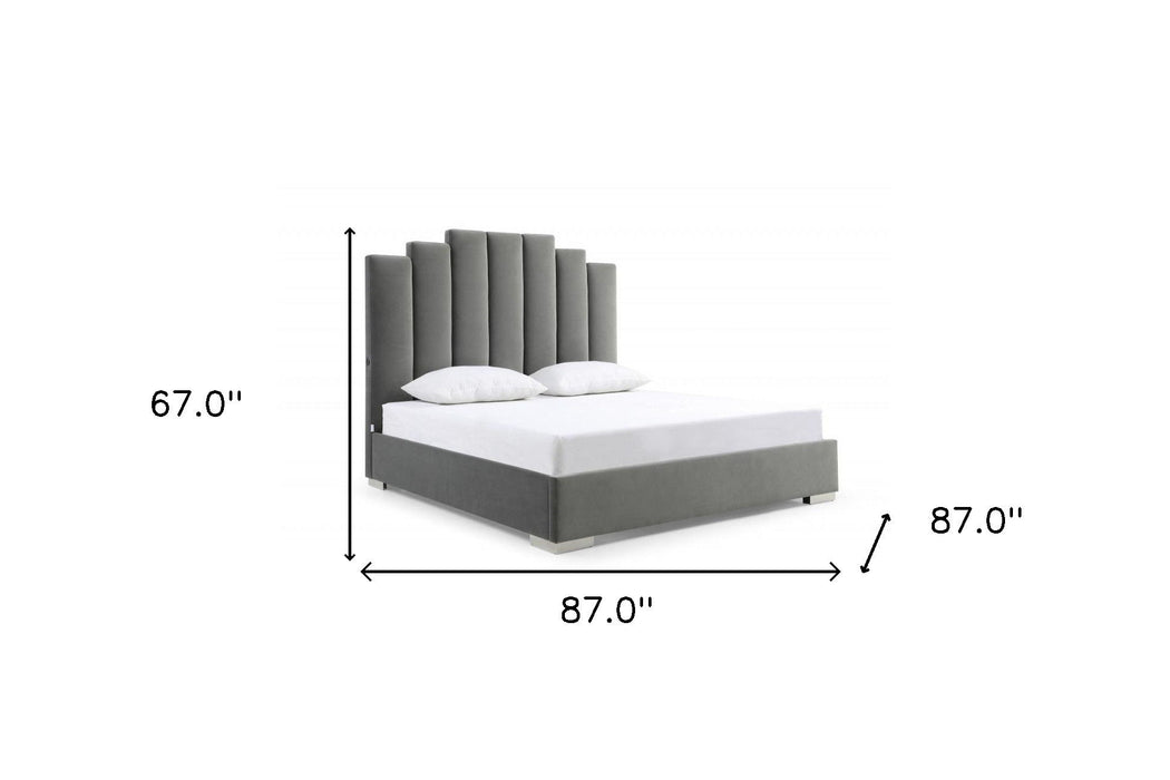 Queen Upholstered Vertical Channel Velvet Bed with USB - Gray