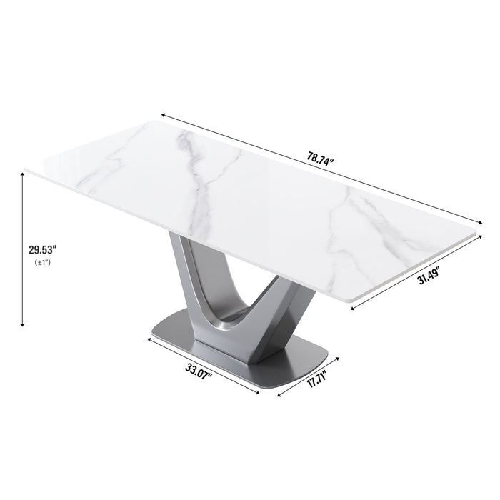 78.74" Modern Artificial Stone Panel V-Shaped Metal Legs, Can Accommodate 8 People - White / Gray