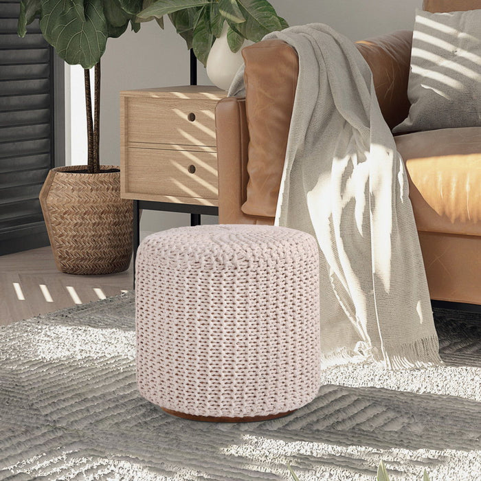 Cotton Blend Round Pouf Ottoman - Ivory