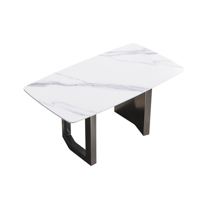 63" Modern Artificial Stone Curved Metal Leg Dining Table, 6 People - White / Black