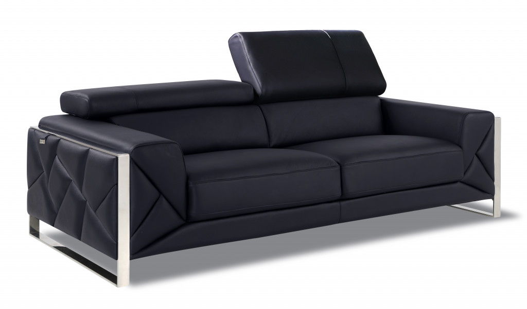 Italian Leather Sofa & Silver Legs - Black