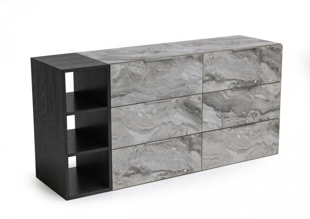 Faux Marble And Black Wood Six Drawer Double Dresser - Gray