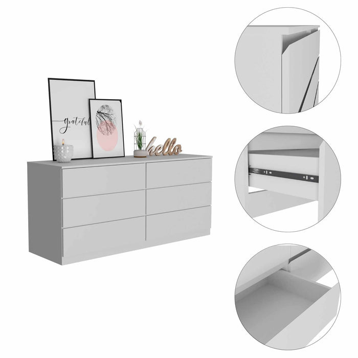 Six Drawer Double Dresser Wooden - White