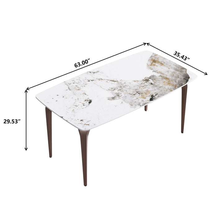 63" Modern Artificial Stone Pandora White Curved Metal Leg Dining Table, 6 People - White