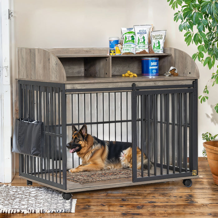 Heavy Duty Dog Crate Furniture For Medium Dog With Lockable Wheels, Wooden Dog Crate Dog Kennel, End Table Crate With Double Layer Storage