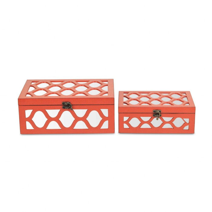 Quatrefoil Mirror Jewelry Storage Boxes (Set of 2) - Coral