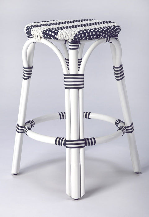 Rattan Counter Stool - Classic White And Navy Blue