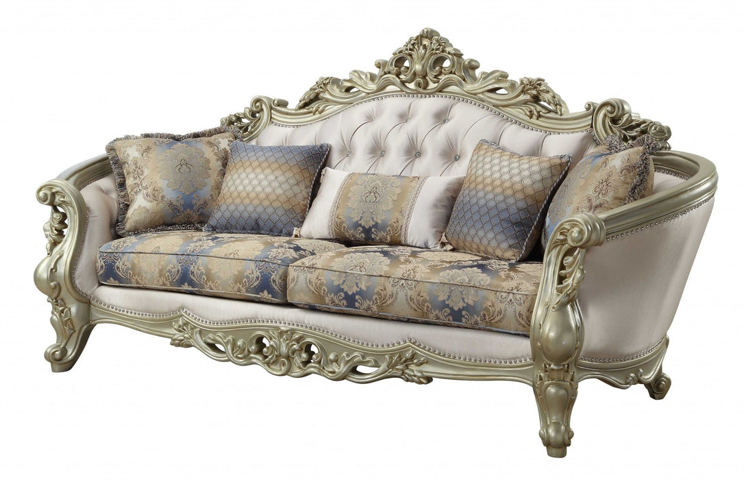 Velvet Curved Floral Sofa And Toss Pillows With Champagne Legs - Antiqued White