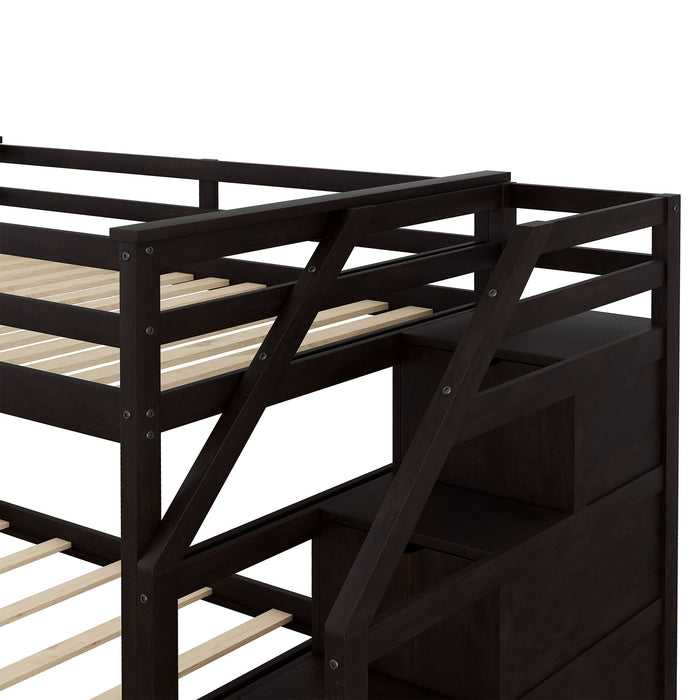 Twin Over Twin Bunk Bed With Twin Size Trundle And 3 Storage Stairs - Espresso