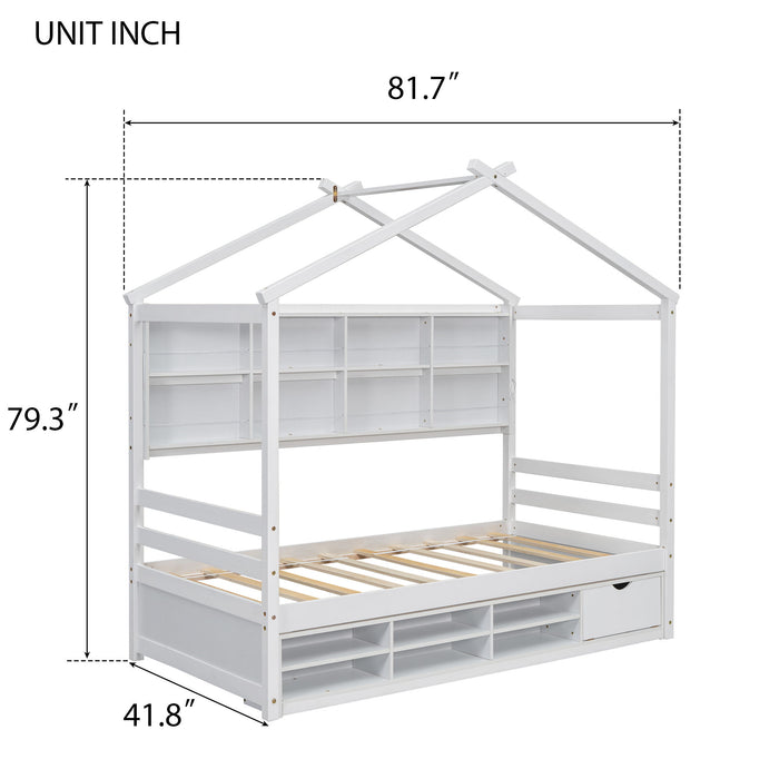 Twin House Bed With Roof Frame, Bedside-Shelves, Under Bed Storage Unit - White