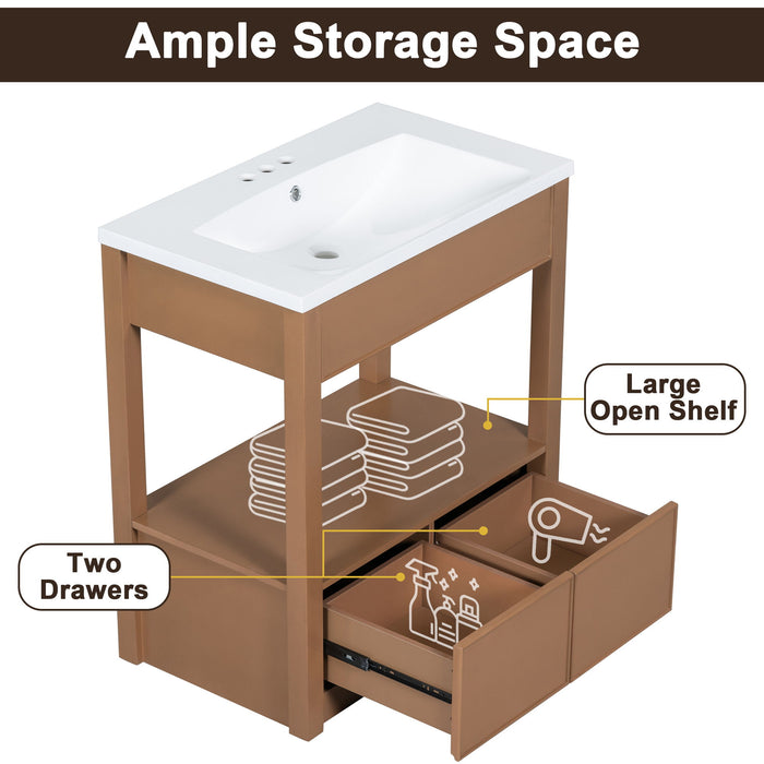 Bathroom Vanity With Sink Top, Bathroom Cabinet With Open Storage Shelf And Two Drawers - Brown