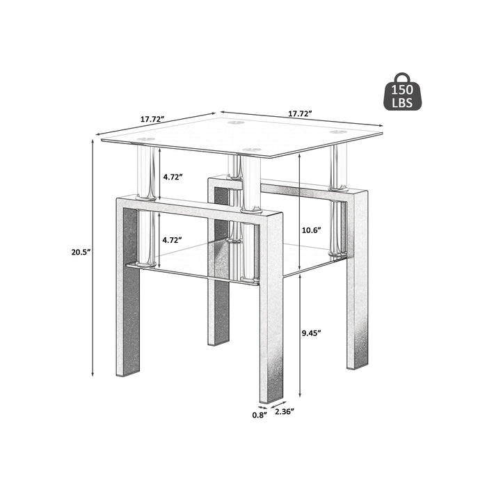 Modern Tempered Glass Tea Table, End Square Table For Living Room - Black