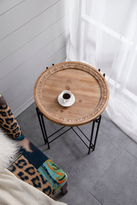 Round Side Table With Wood Top, End Table For Living Room Bedroom - Black Brown