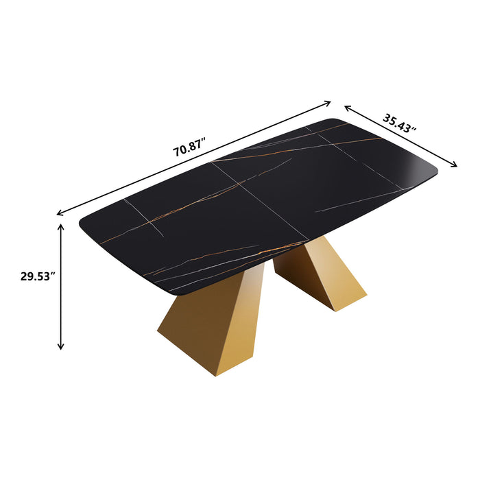 70.87" Modern Artificial Stone Curved Metal Leg Dining Table, Can Accommodate 6-8 People - Black / Gold