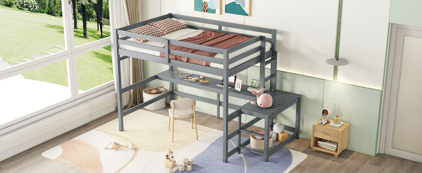 Full Loft Bed With Built-In Desk, Ladder Platform, Ladders, Guardrails - Gray