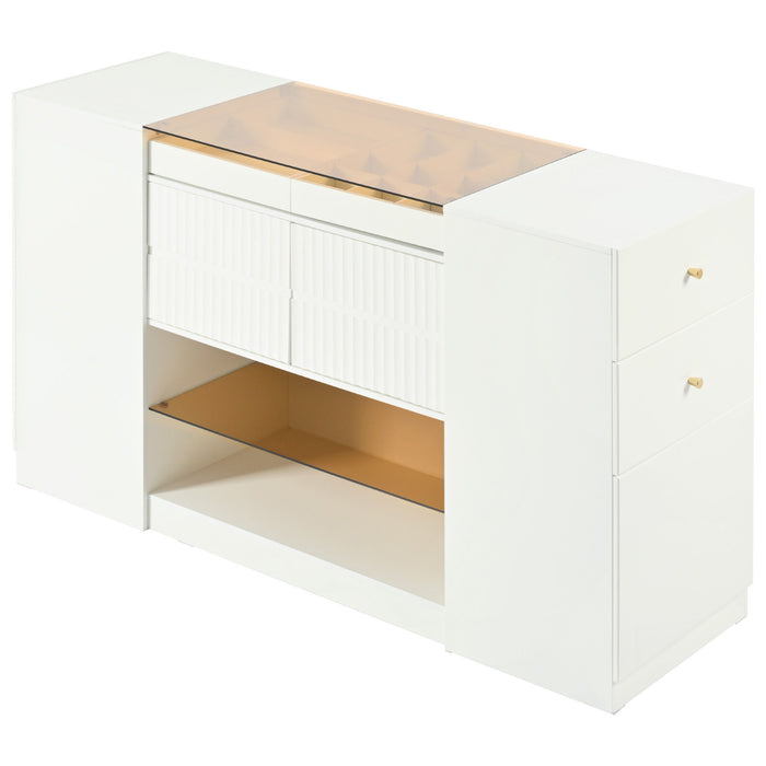 Modern Luxury Multi-Functional Island Vanity Dresser And Storage Cabinet With Glass Tabletop, Display Shelf, 6 Drawers For Walk In Wardrobe And Bedroom - Cream White