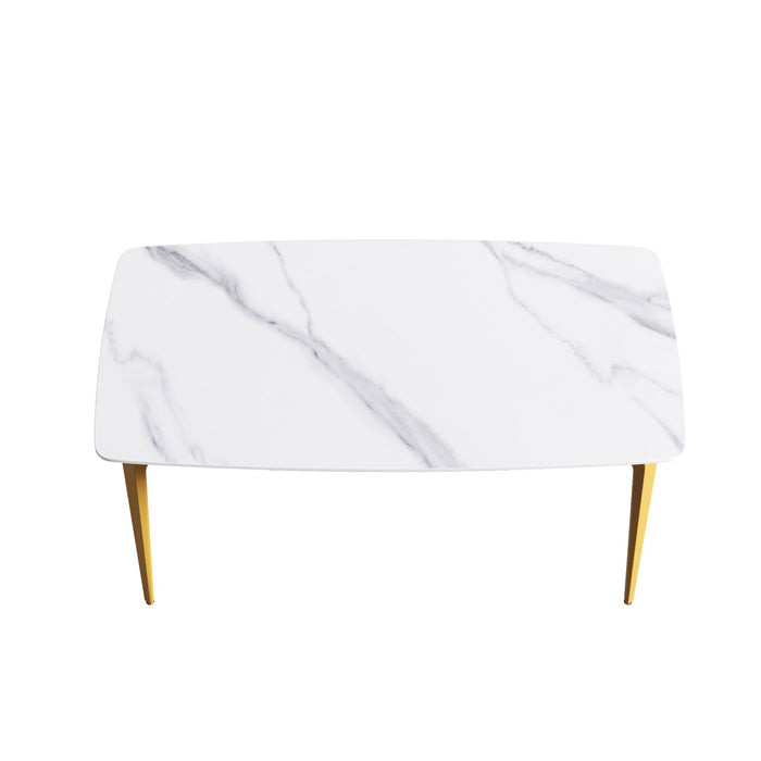 63" Modern Artificial Stone Curved Golden Metal Leg Dining Table, 6 People - White / Gold