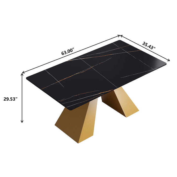 63" Modern Artificial Stone Black Straight Edge Golden Metal Leg Dining Table, 6 People - Black / Gold