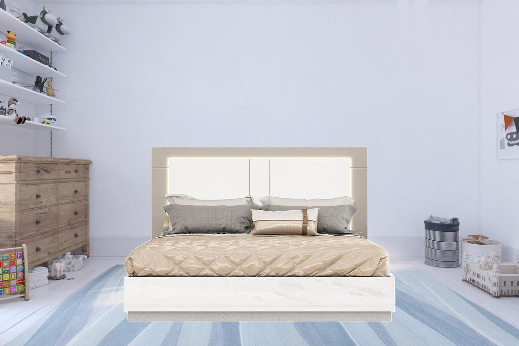 King High Gloss Bed Frame with LED Headboard - White / Taupe