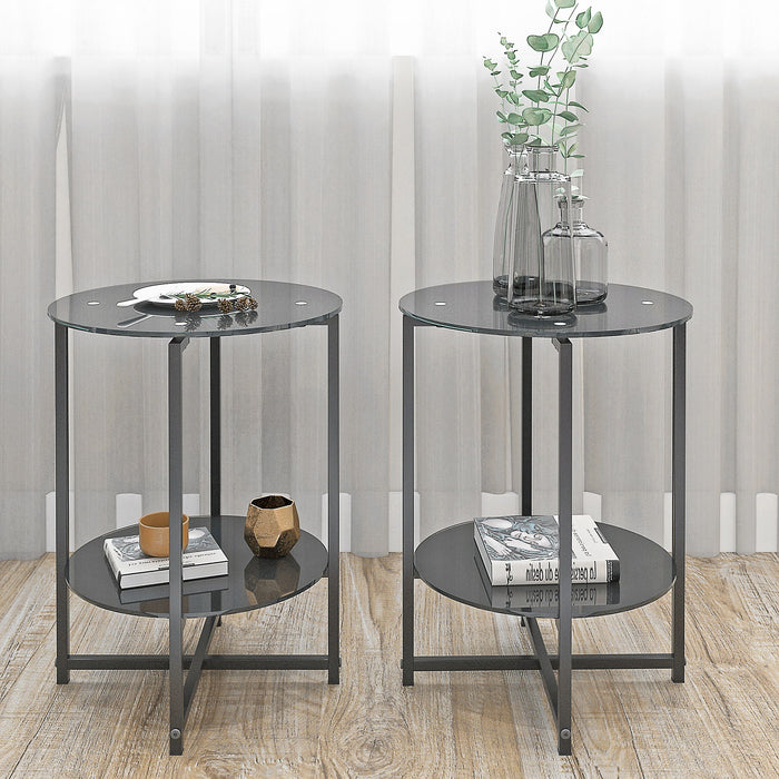 Jws-W241 Tempered Glass End Table (Set of 2) , Round Coffee Table For Bedroom Living Room Office - Black