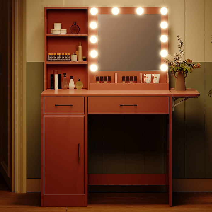 Vanity Desk With Drawers & Mirror With Lights, With Drawers & Cabinet 3 Shelves Lots Storage For Stylish Bedroom