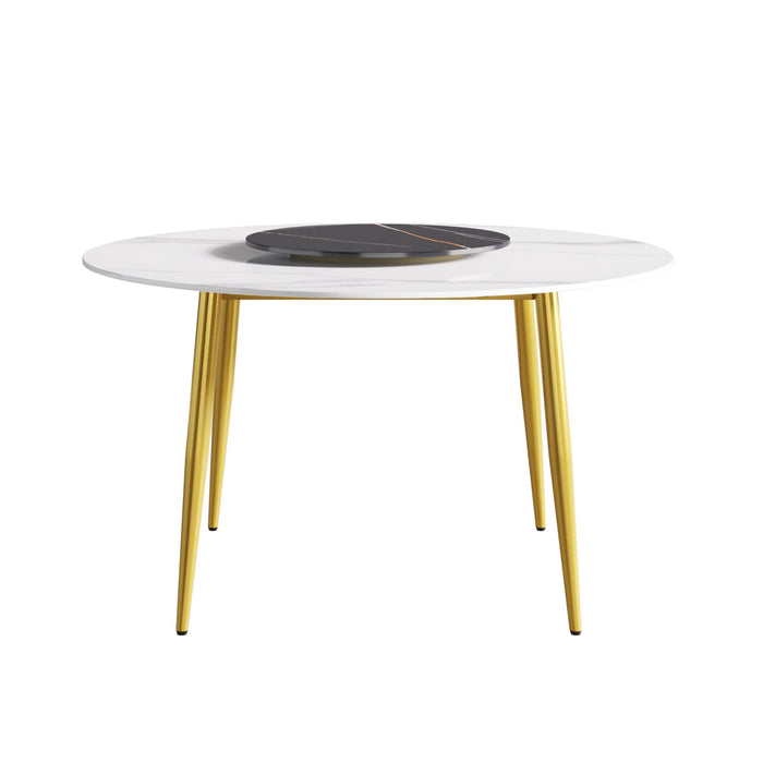 53.15" Modern Artificial Stone Round Golden Metal Dining Table, Can Accommodate 6 People, Artificial Stone Turntable - White / Black