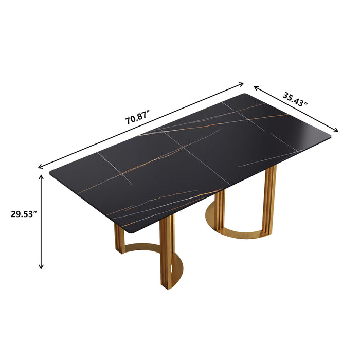 70.87" Modern Artificial Stone Straight Edge Metal Leg Dining Table, Can Accommodate 6-8 People - Black / Gold