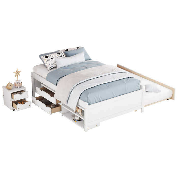 Versatile Full Bed With Trundle, Under Bed Storage Box And Nightstand - White