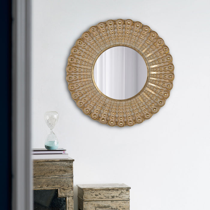 Transitional Beaded Sunburst Mirror, Round Accent Wall Mirror For Living Room, Entryway, Bathroom, Office, Foyer - Gold