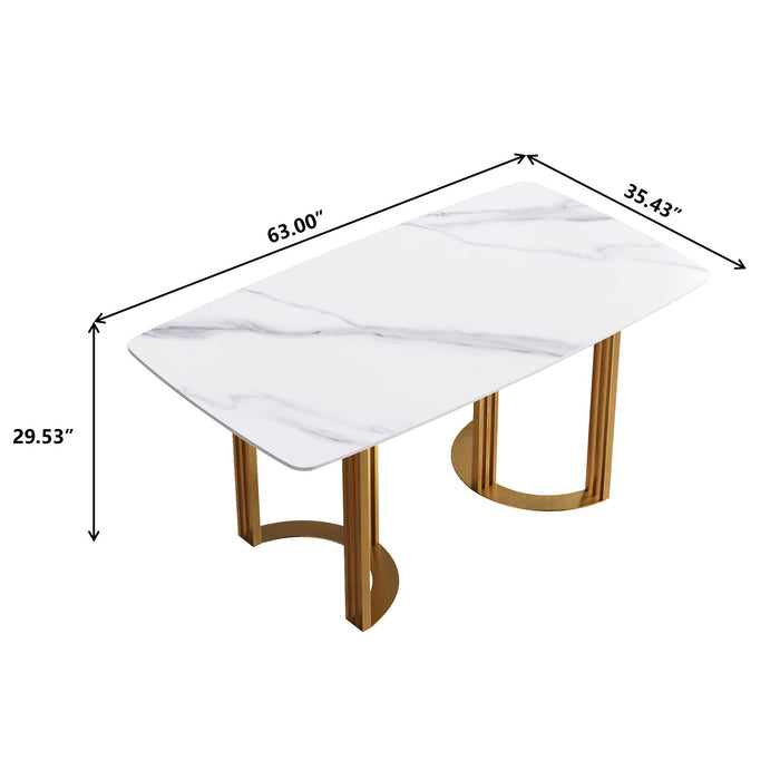 63" Modern Artificial Stone White Curved Metal Leg Dining Table - White / Gold