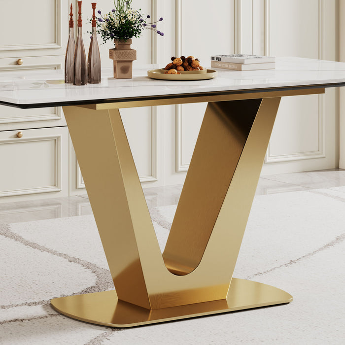 Sintered Stone Composite Tempered Glass Top Dining Table With V-Shape Stainless Steel Base - Gold