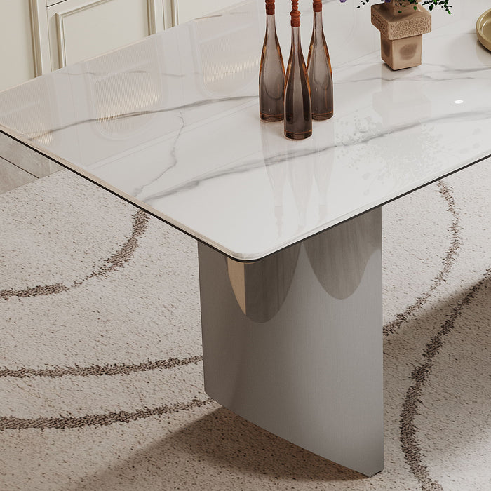 Sintered Stone Composite Tempered Glass Top Dining Table With Stainless Steel Base