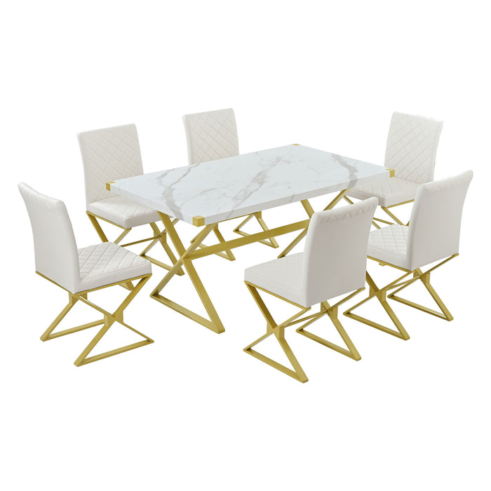 7 Piece Modern Dining Table Set, Rectangular Marble Texture Kitchen Table And 6 Chairs With X-Shaped Gold Steel Pipe Legs For Dining Room - White