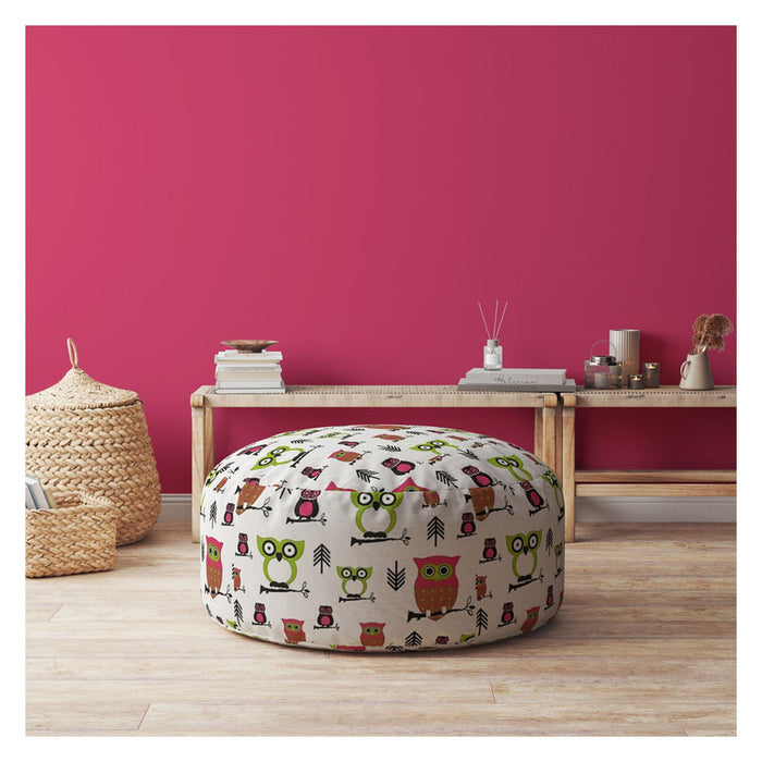 Cotton Round Owls Pouf Ottoman - Green / White