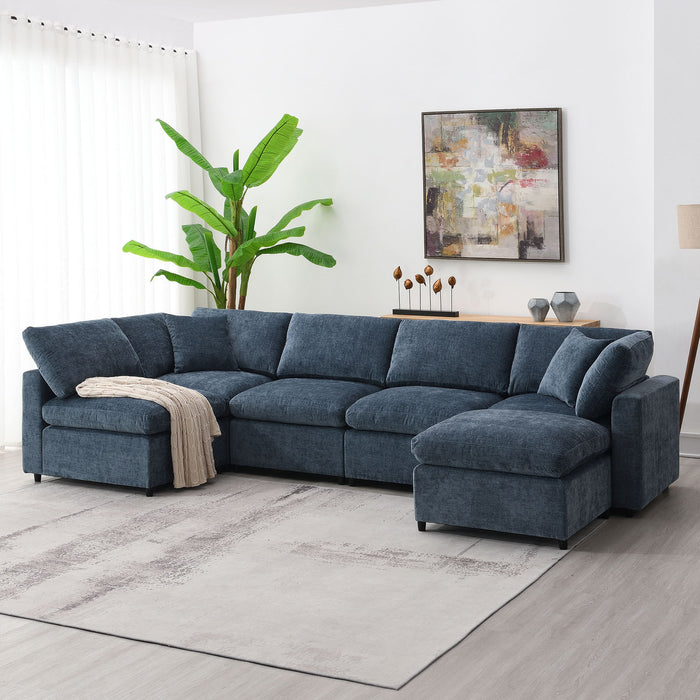 Modern Modular Cloud Sofa Bed, 6 Seat Chenille Sectional Couch Set With Ottoman, Free Combination, Convertible U Shaped Sleeper Sofa For Living Room