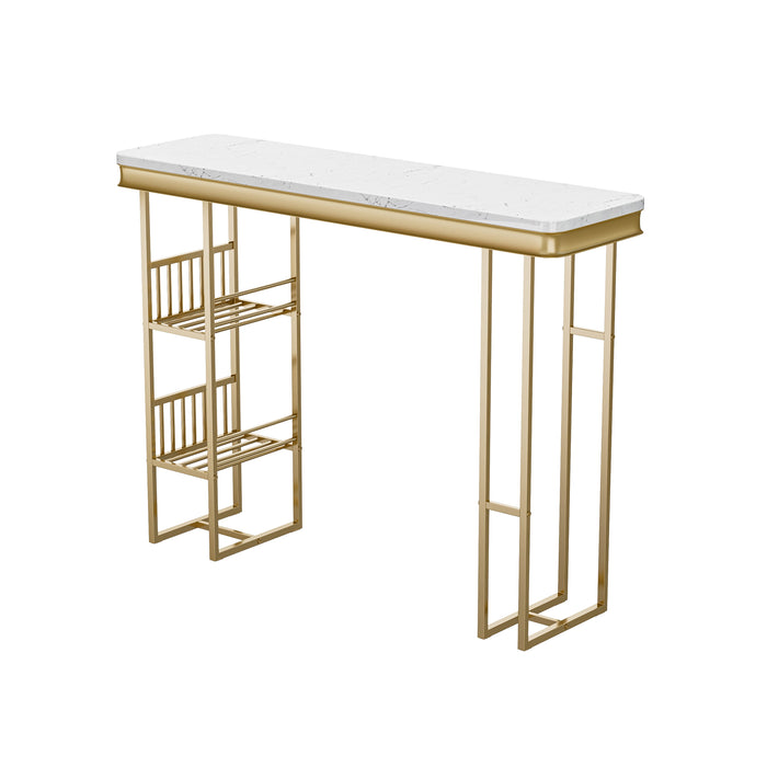 Modern Straight Bar Table With Shelves - White / Gold