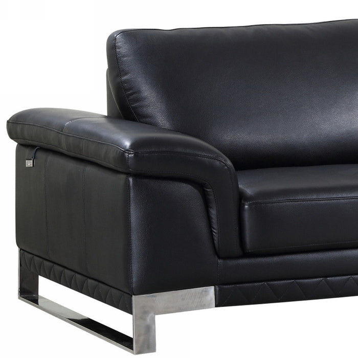 With Silver Legs Italian Leather Sofa - Black