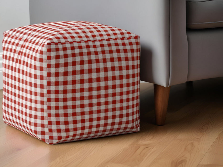 Cotton Gingham Pouf Ottoman - Red / White