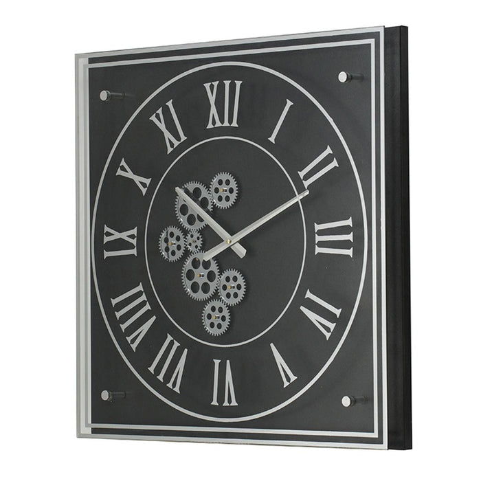 Vintage Style Gears Square Wall Clock - Black And Silver