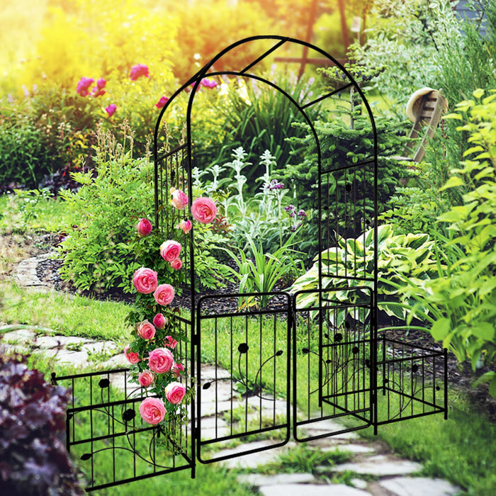 Metal Garden Arch With Gate Wide High Climbing Plants Support Rose Arch Outdoor - Black