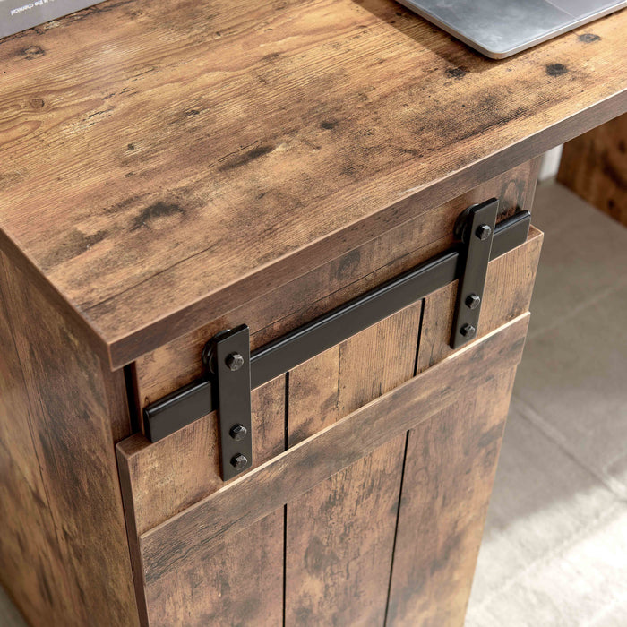 Home Office Desk One Cabinet Three Shelves Faux Barn Door On Metal Euro Hinges Modesty Panel - Distressed Wood